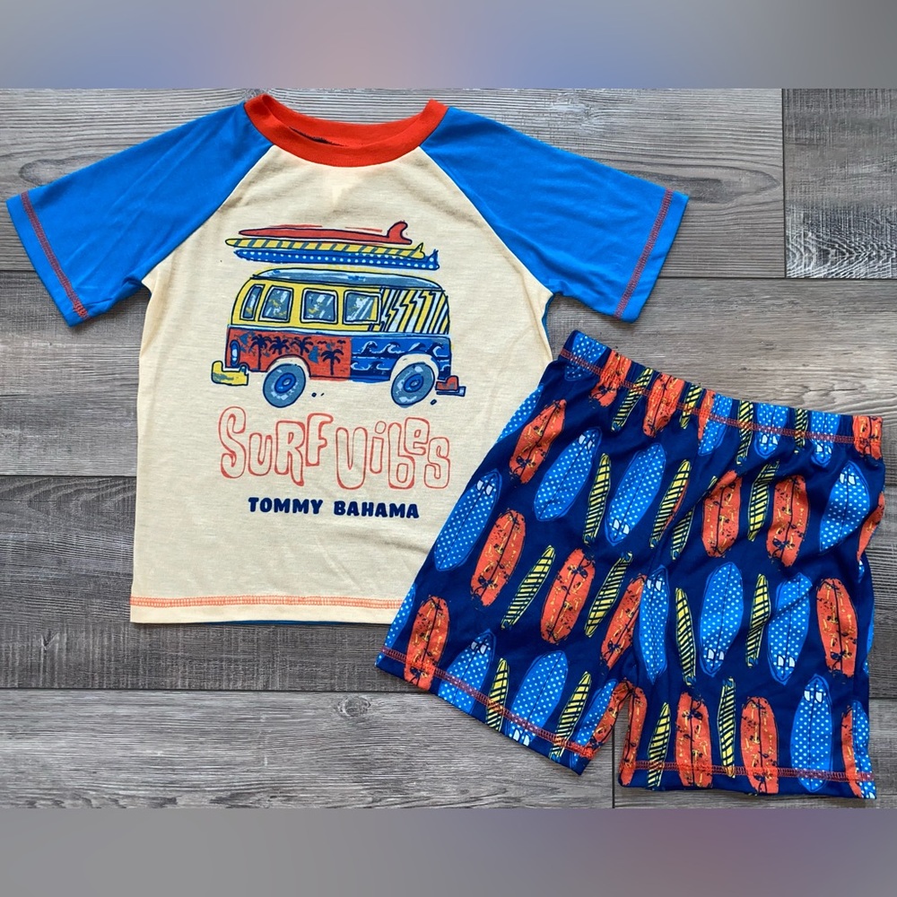 NWOT Tommy Bahama Blue Yellow Surf Vibes Pajamas PJs 2pc Matching Shorts Set 6 7